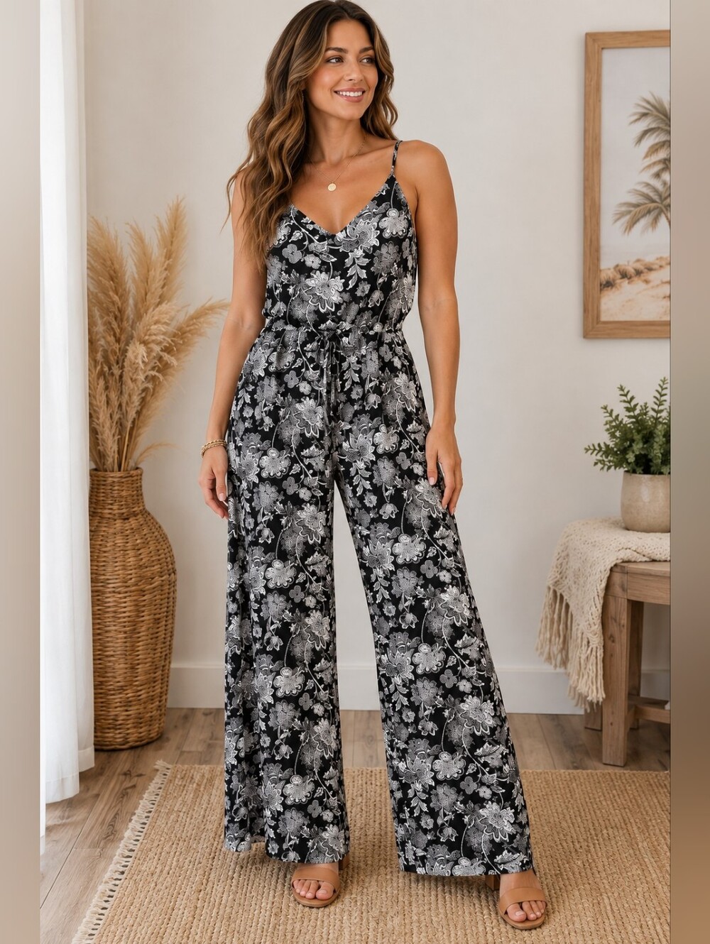 Love Tree Black & White Floral Wide Leg Cami Jumpsuit Size Medium